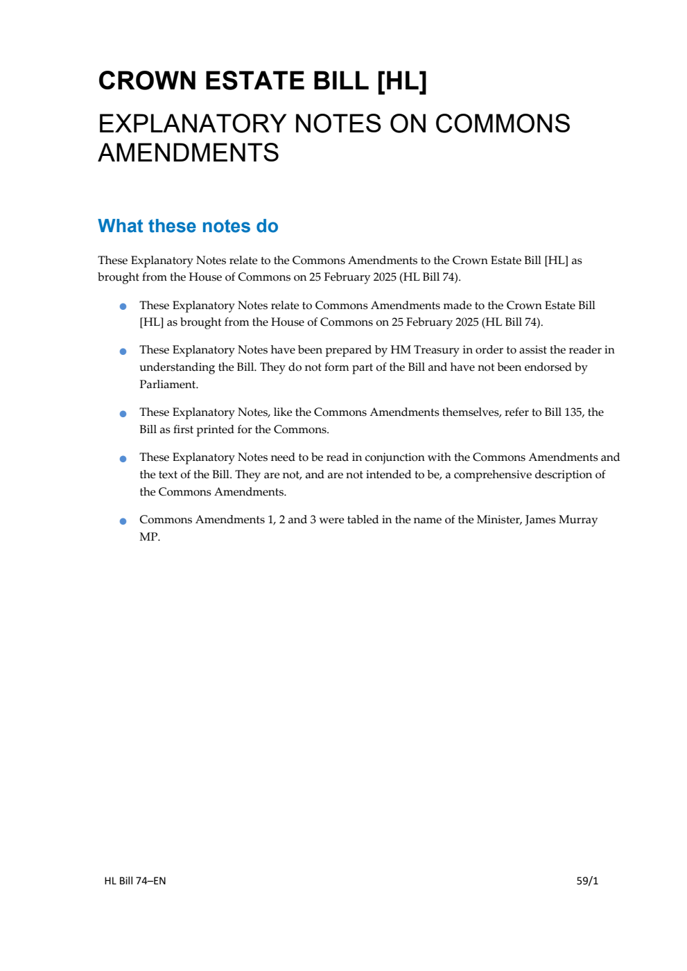 Crown Estate Bill Explanatory Notes on Commons amendments