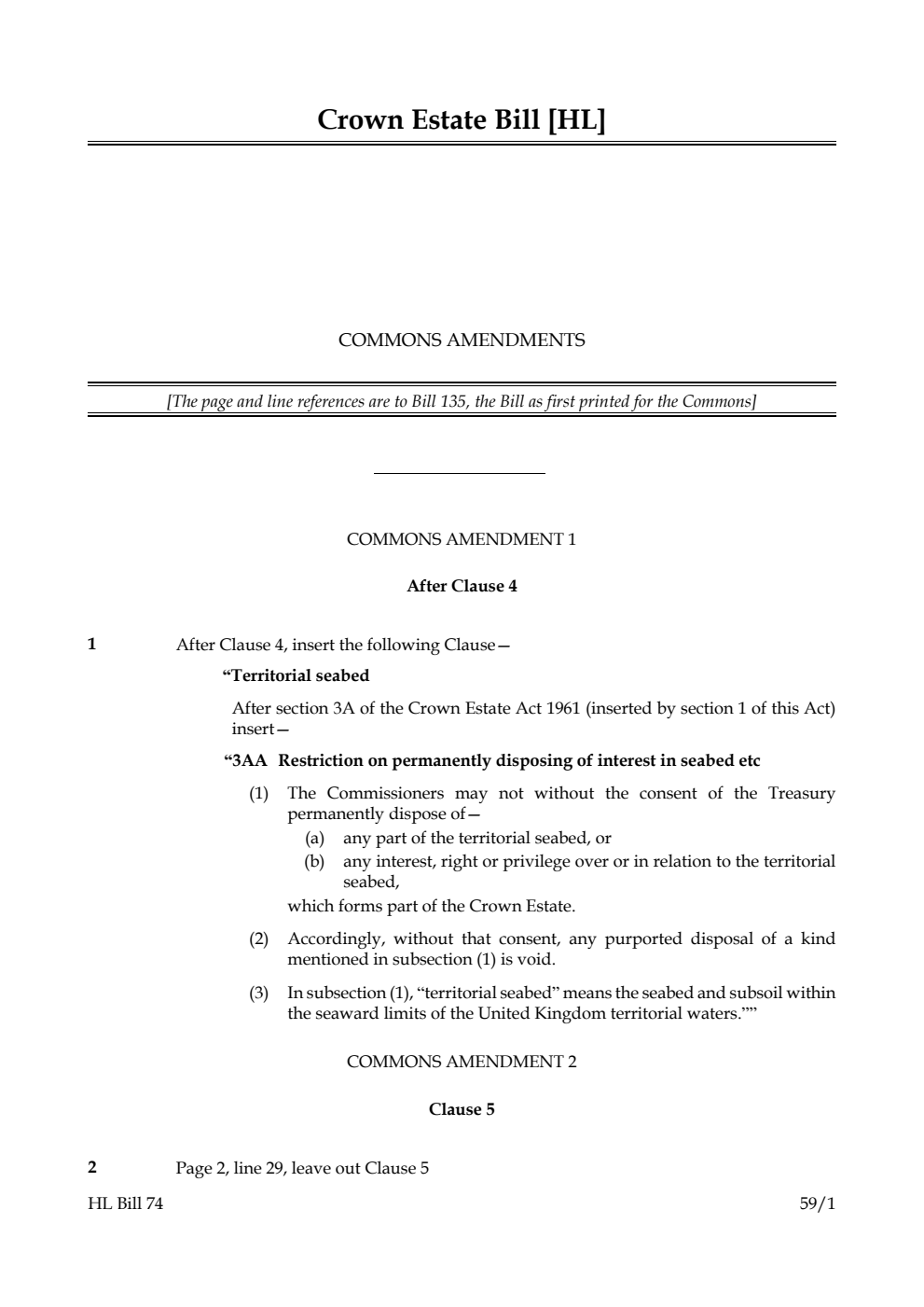 Crown Estate Bill Commons amendments