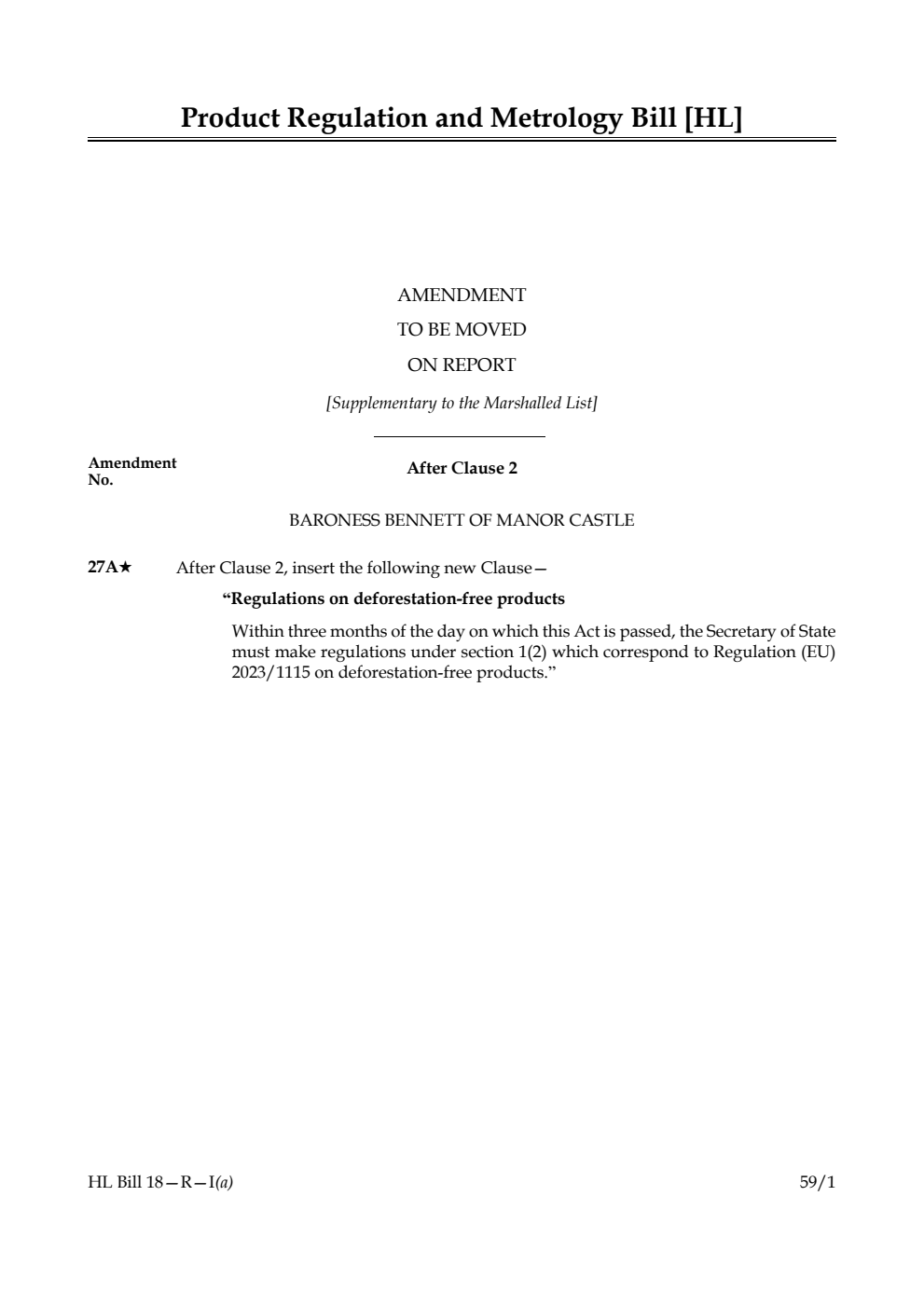 Product Regulation and Metrology Bill Amendment to be moved on Report [Supplementary to the Marshalled List] 