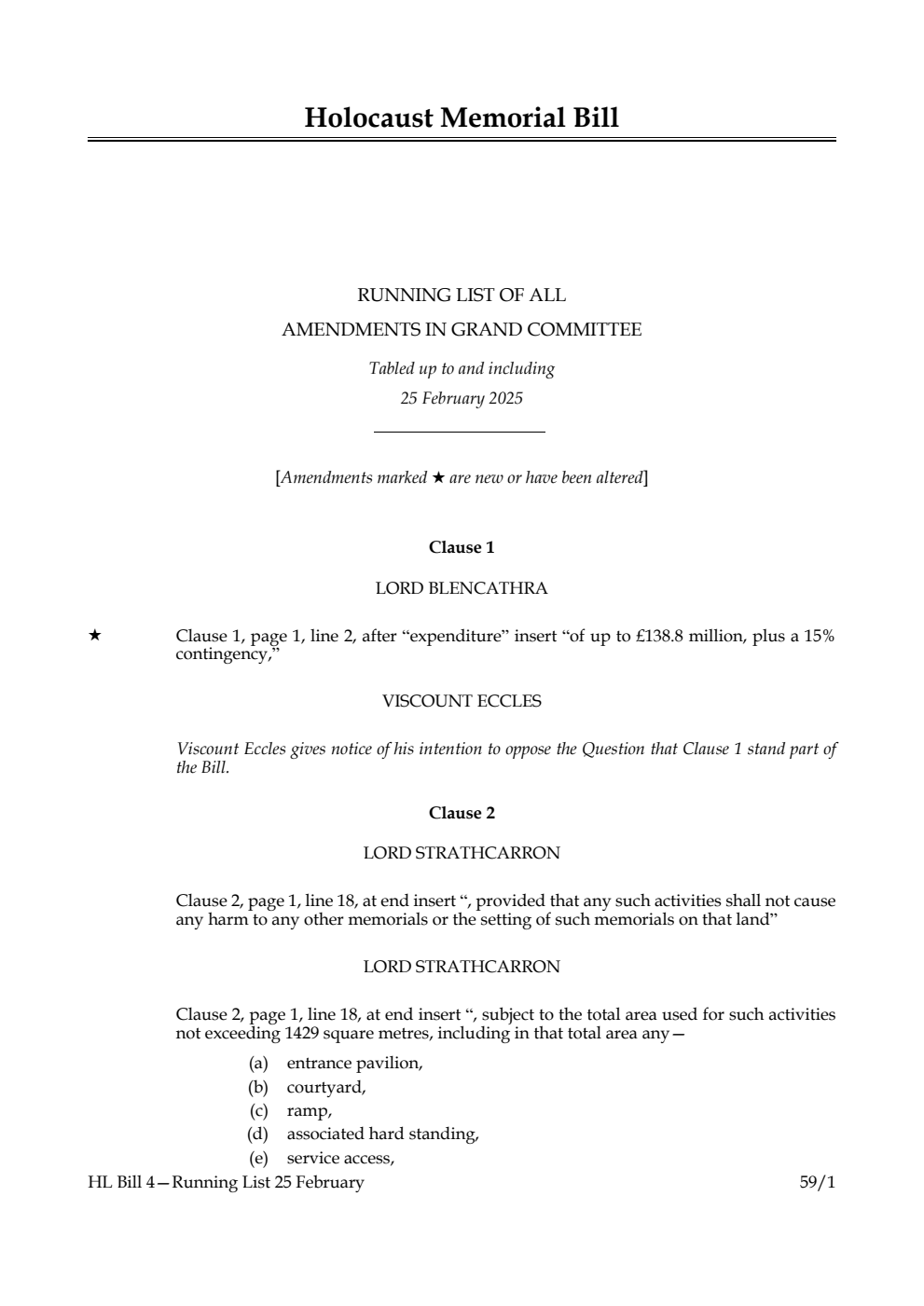 Holocaust Memorial Bill Running List of all amendments in Grand Committee tabled up to and including 25 February 2025