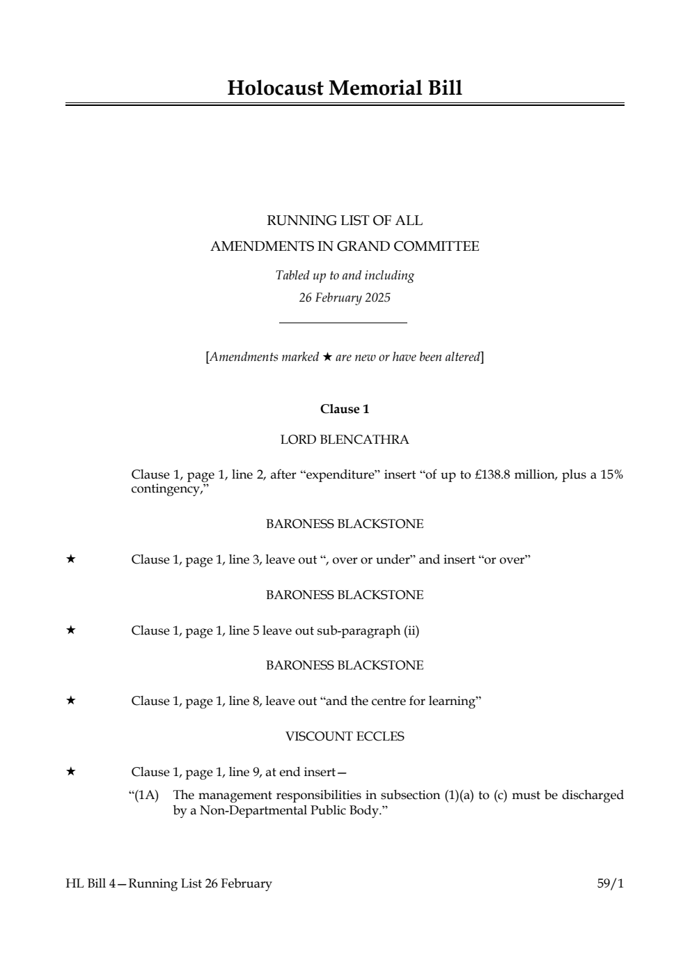 Holocaust Memorial Bill Running List of all amendments in Grand Committee tabled up to and including 26 February 2025