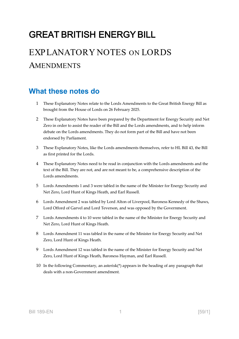 Great British Energy Bill Explanatory Notes on Lords amendments