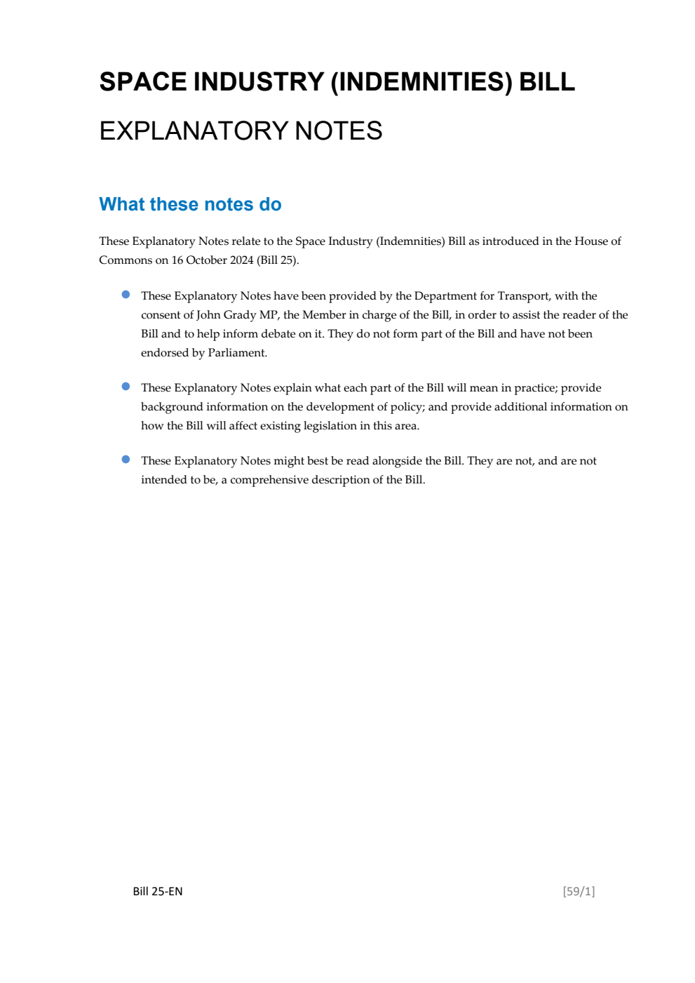 Space Industry (Indemnities) Bill Explanatory Notes