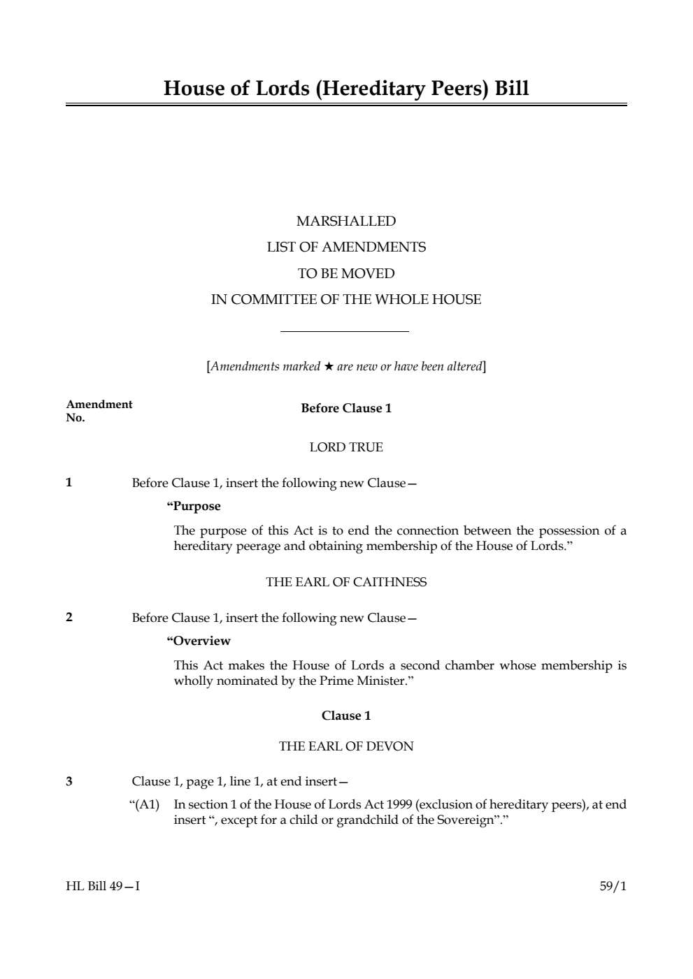 House of Lords (Hereditary Peers) Bill Marshalled List of amendments to be moved in Committee of the Whole House