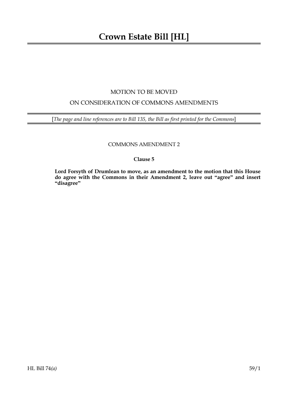 Crown Estate Bill Motion to be moved on consideration of Commons amendments