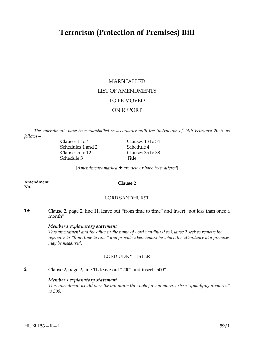 Terrorism (Protection of Premises) Bill Marshalled List of amendments to be moved on report