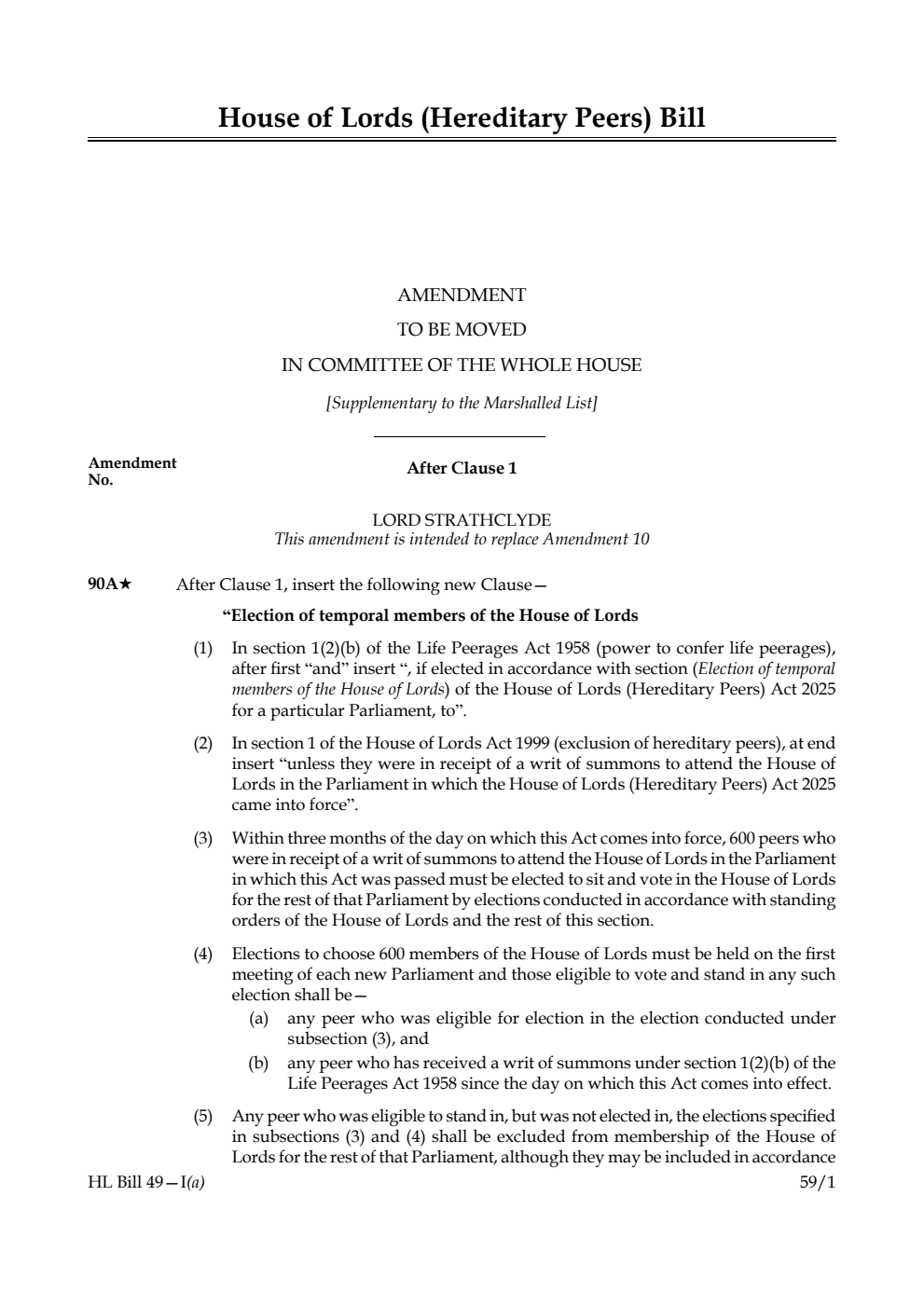 House of Lords (Hereditary Peers) Bill Amendment to be moved in Committee of the Whole House [Supplementary to the Marshalled List] 
