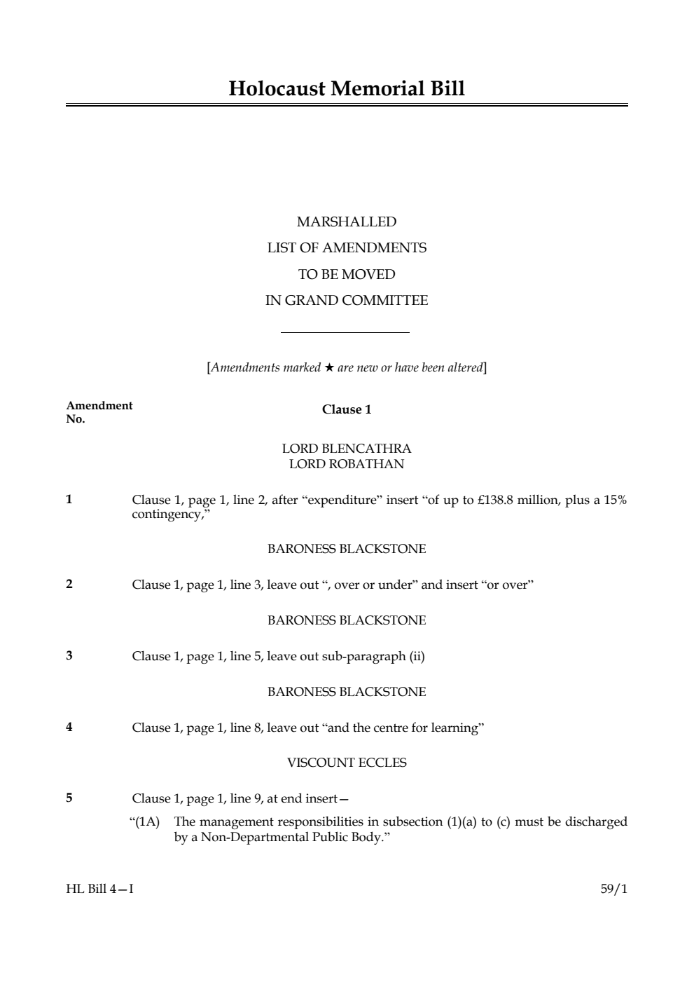 Holocaust Memorial Bill Marshalled List of amendments to be moved in Grand Committee