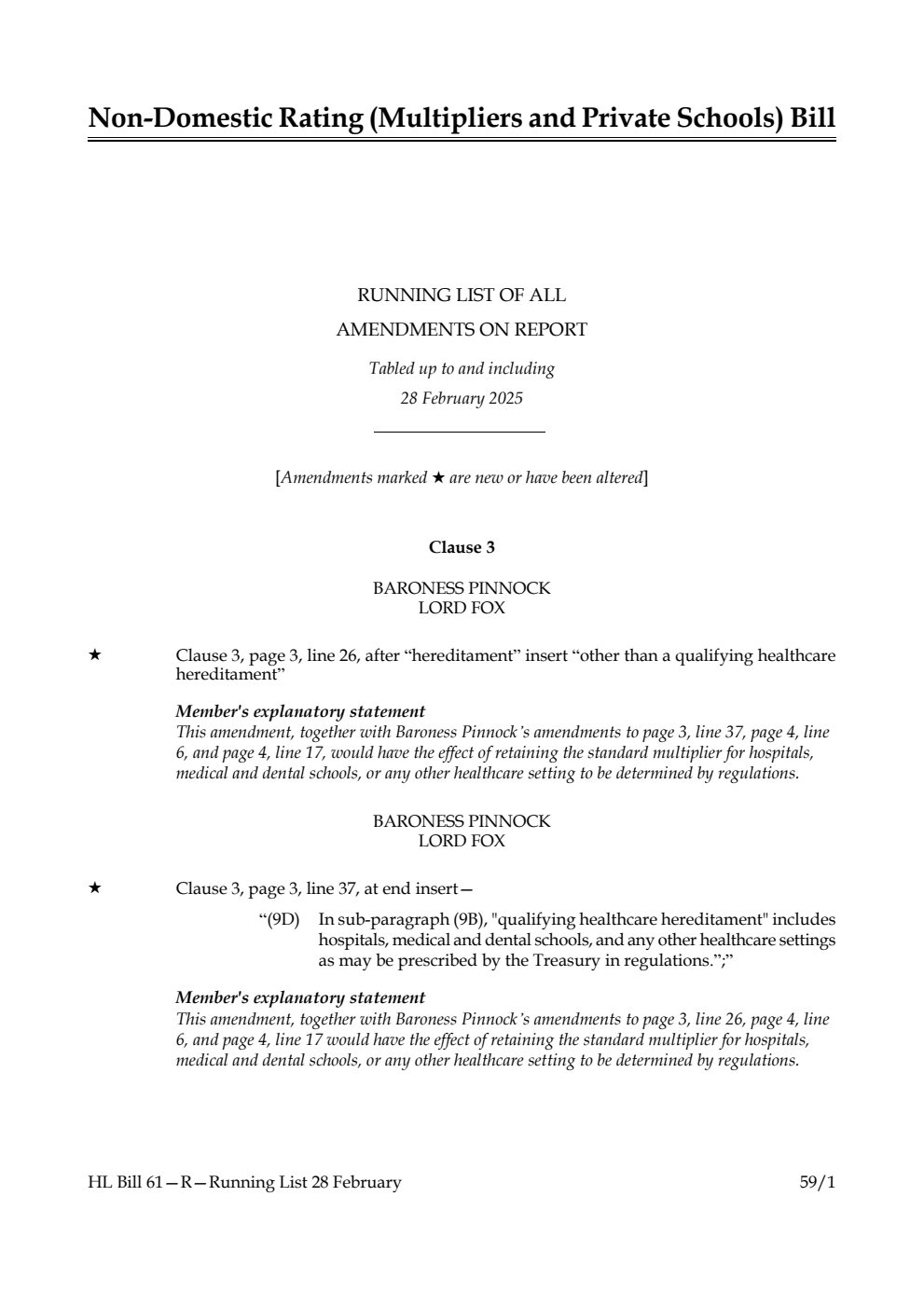 Non-domestic Rating (Multipliers and Private Schools) Bill Running List of all amendments on report tabled up to and including 28 February 2025