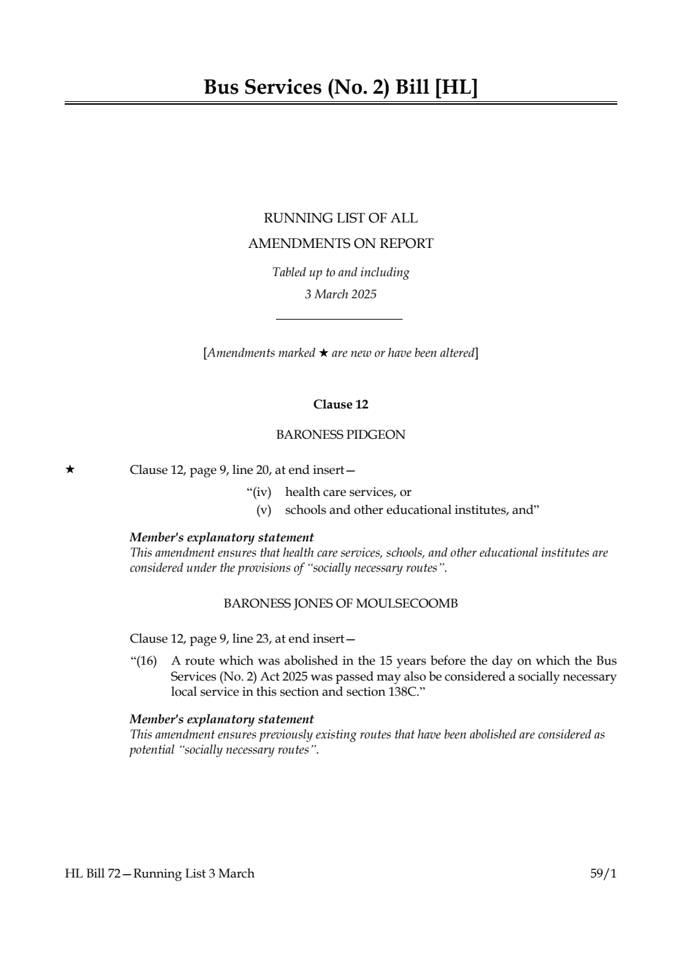 Bus Services (No. 2) Bill Running List of all amendments on report tabled up to and including 3 March 2025