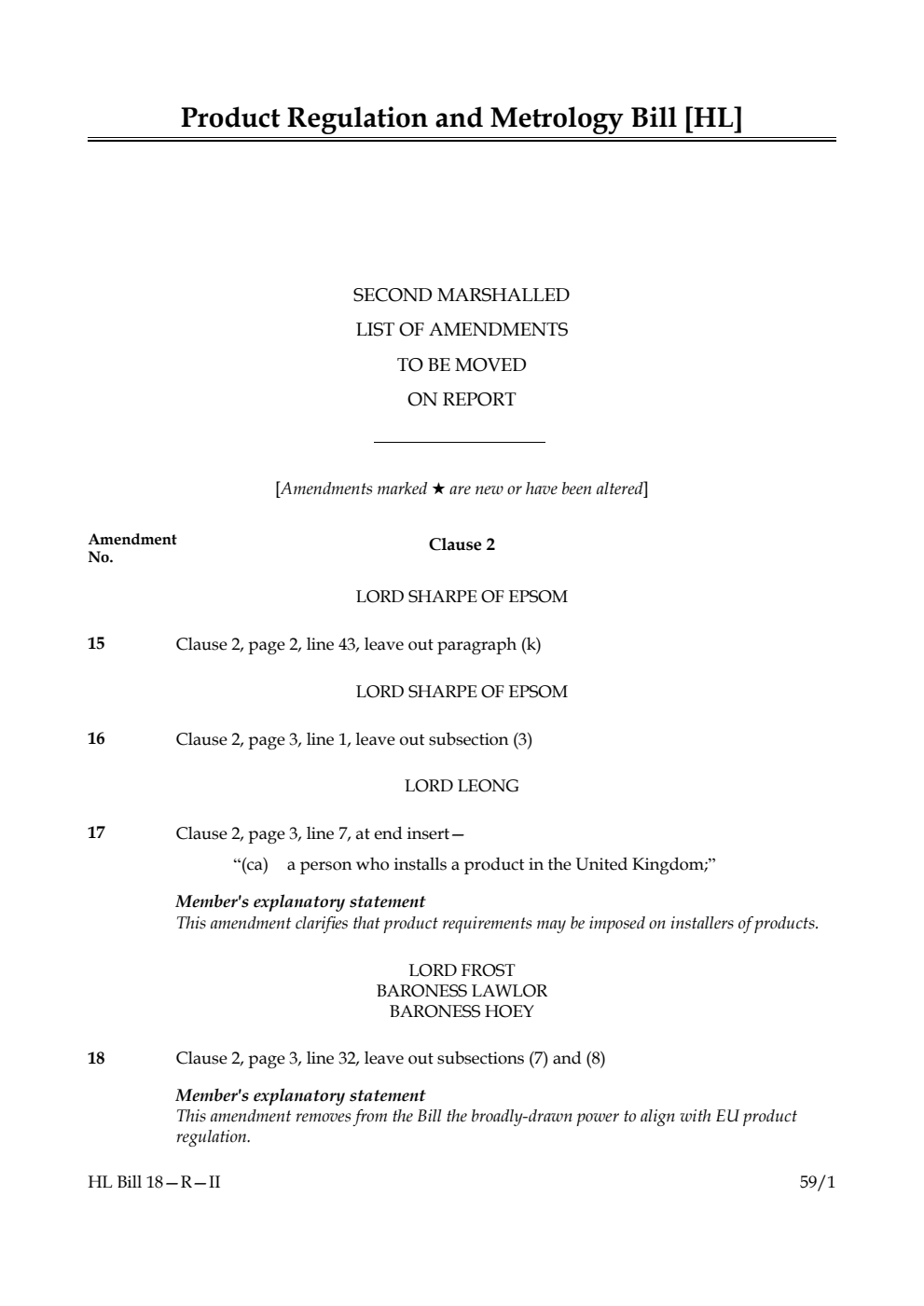 Product Regulation and Metrology Bill Second Marshalled List of amendments to be moved on report
