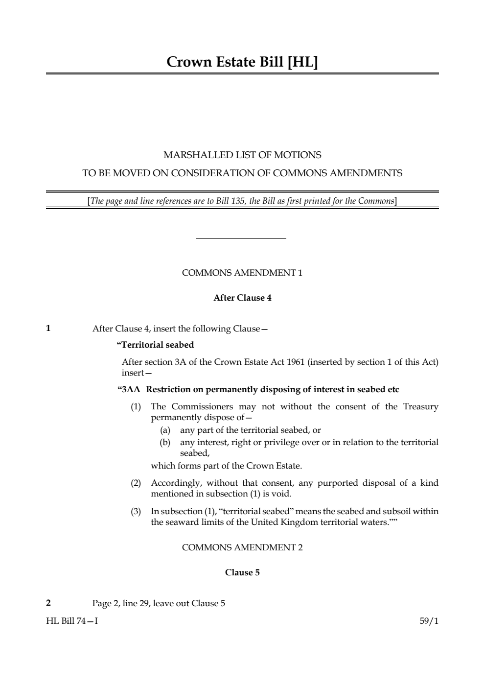 Crown Estate Bill Marshalled List of motions to be moved on consideration of Commons amendments
