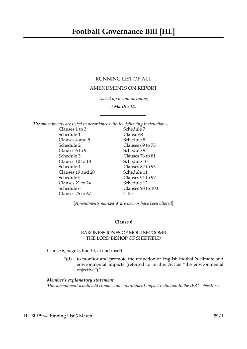 Football Governance Bill Running List of all amendments on report tabled up to and including 3 March 2025