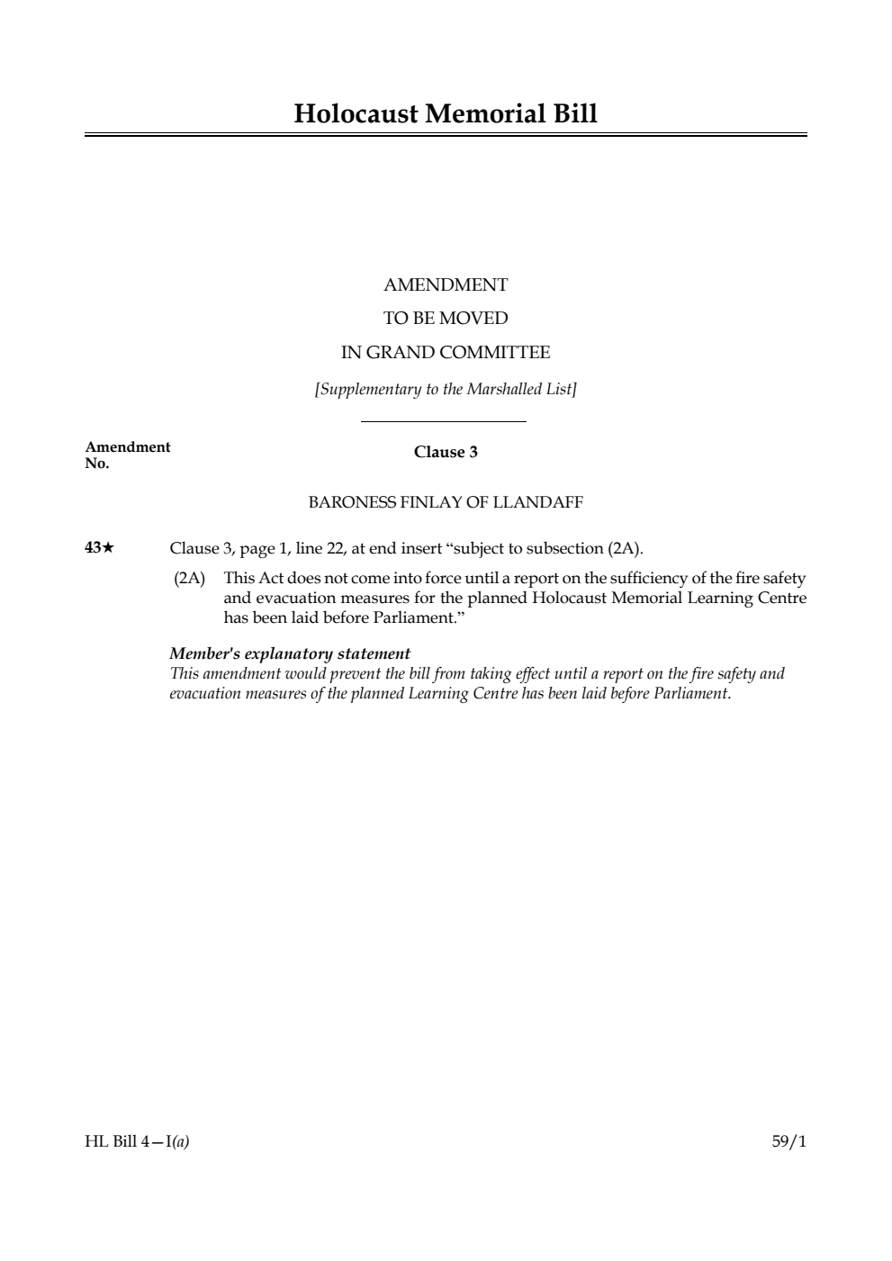 Holocaust Memorial Bill Amendment to be moved in Grand Committee [Supplementary to the Marshalled List] 