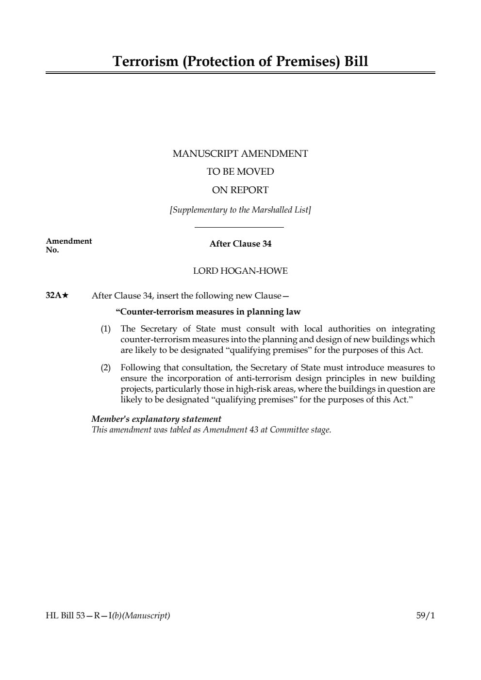 Terrorism (Protection of Premises) Bill Manuscript amendment to be moved on report [Supplementary to the Marshalled List]