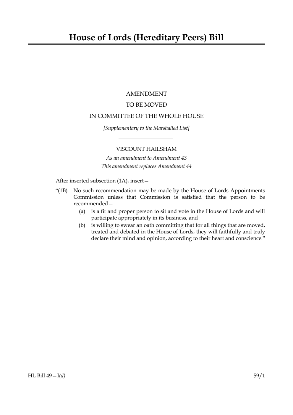 House of Lords (Hereditary Peers) Bill Amendment to be moved in Committee of the Whole House [Supplementary to the Marshalled List]