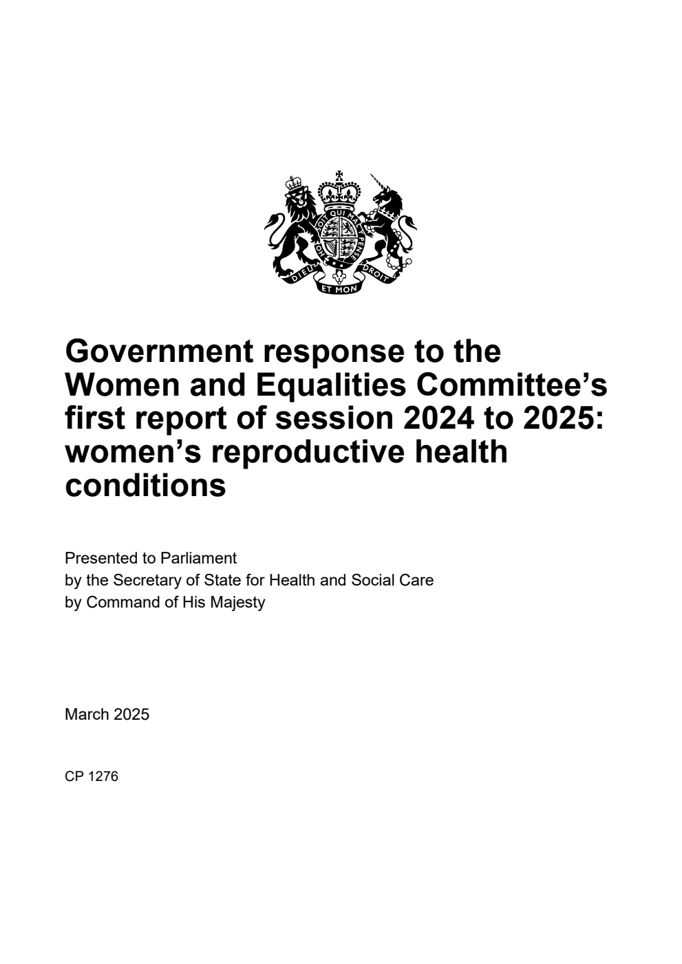 Government response to the Women and Equalities Committee’s first report of session 2024 to 2025: women’s reproductive health conditions