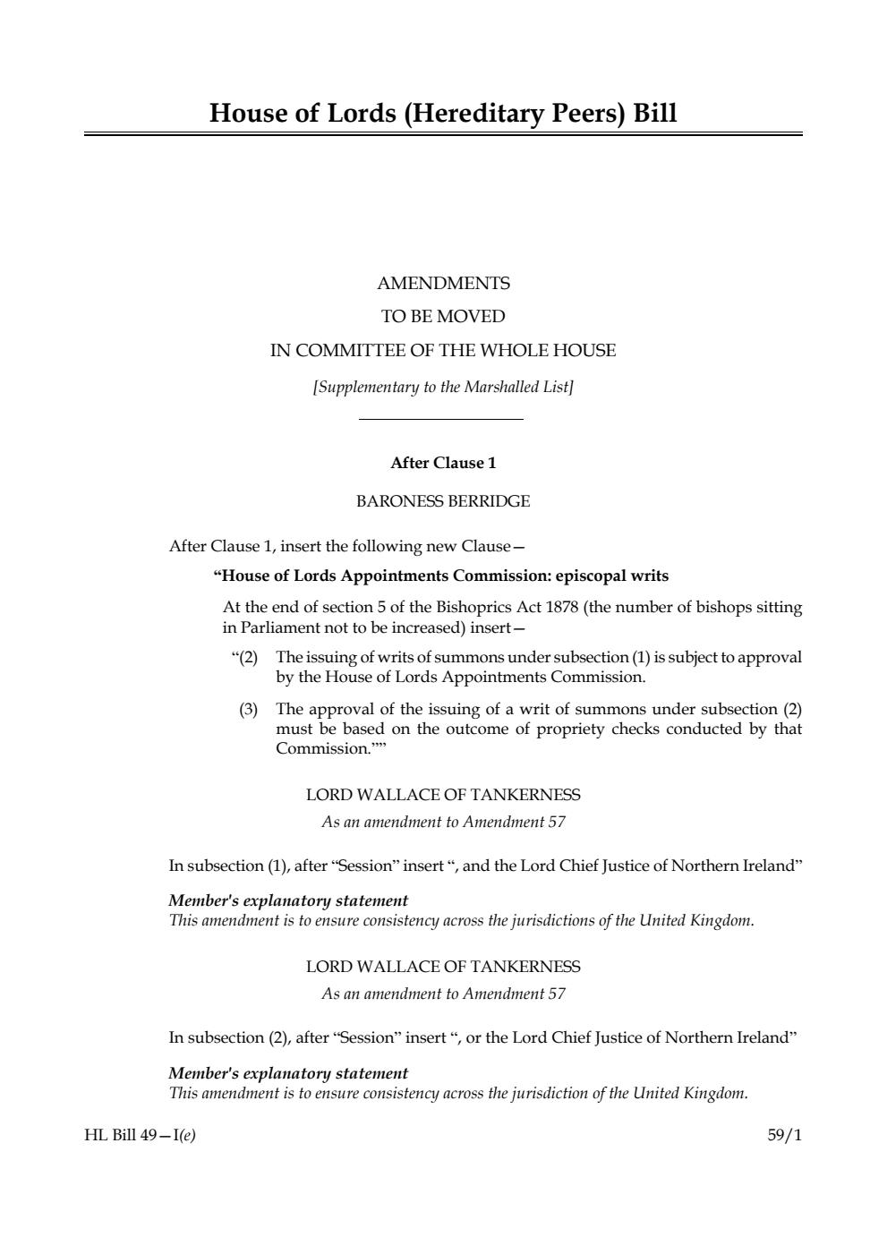 House of Lords (Hereditary Peers) Bill Amendments to be moved in Committee of the Whole House [Supplementary to the Marshalled List]
