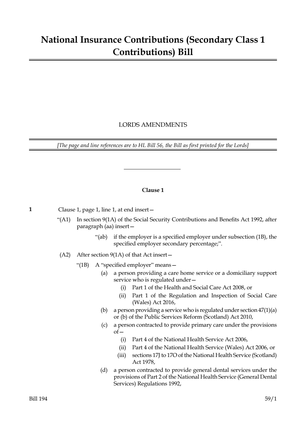 National Insurance Contributions (Secondary Class 1 Contributions) Bill Lords Amendments