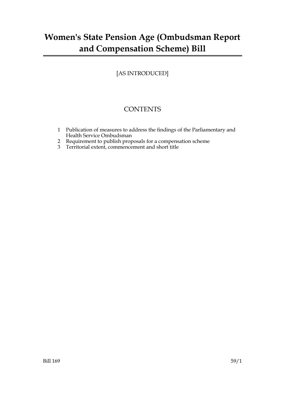 Women’s State Pension Age (Ombudsman Report and Compensation Scheme) Bill
