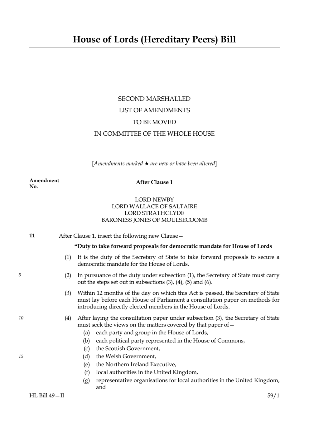 House of Lords (Hereditary Peers) Bill Second Marshalled List of amendments to be moved in Committee of the Whole House