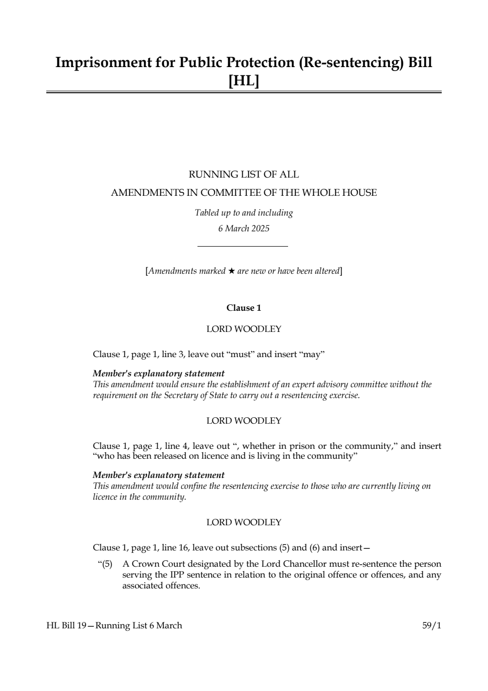Imprisonment for Public Protection (Re-sentencing) Bill Running List of all amendments in Committee of the Whole House tabled up to and including 6 March 2025