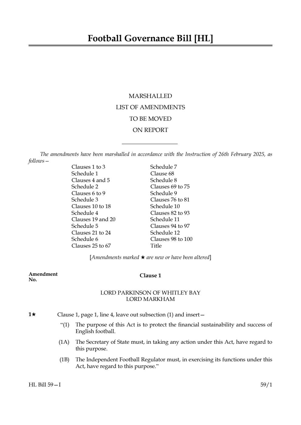 Football Governance Bill Marshalled List of amendments to be moved on report