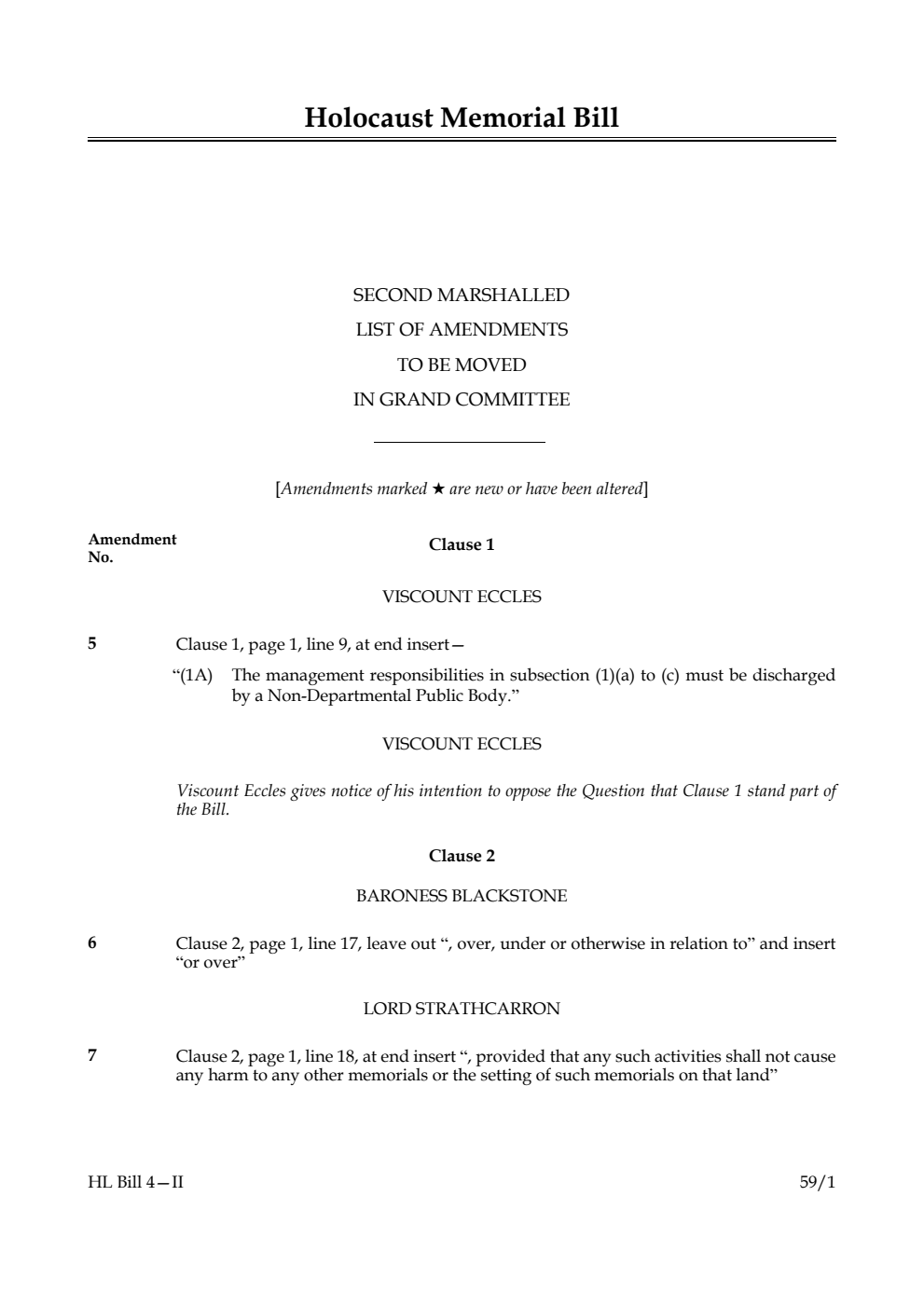 Holocaust Memorial Bill Second Marshalled List of amendments to be moved in Grand Committee