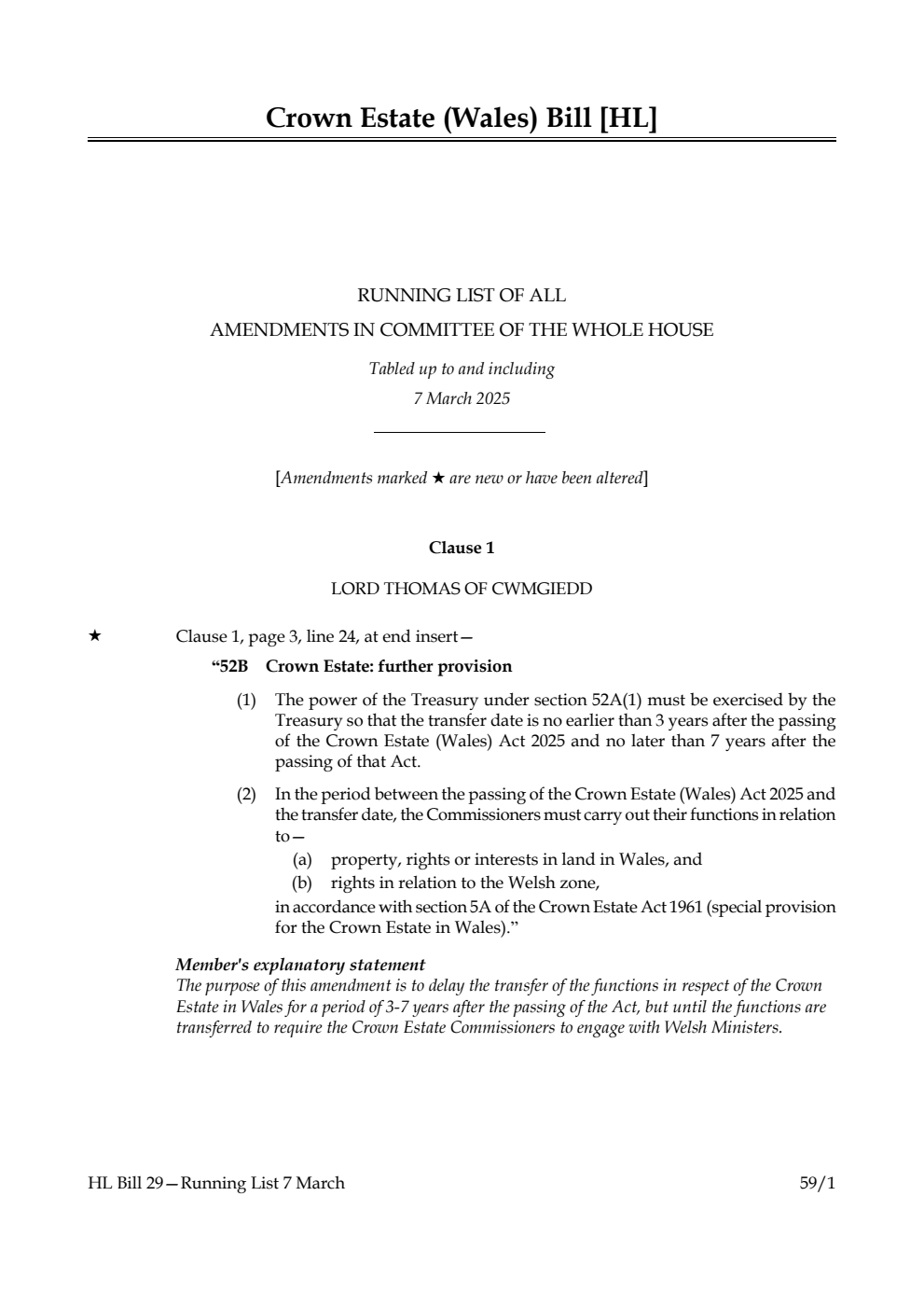 Crown Estate (Wales) Bill Running List of all amendments in Committee of the Whole House tabled up to and including 7 March 2025