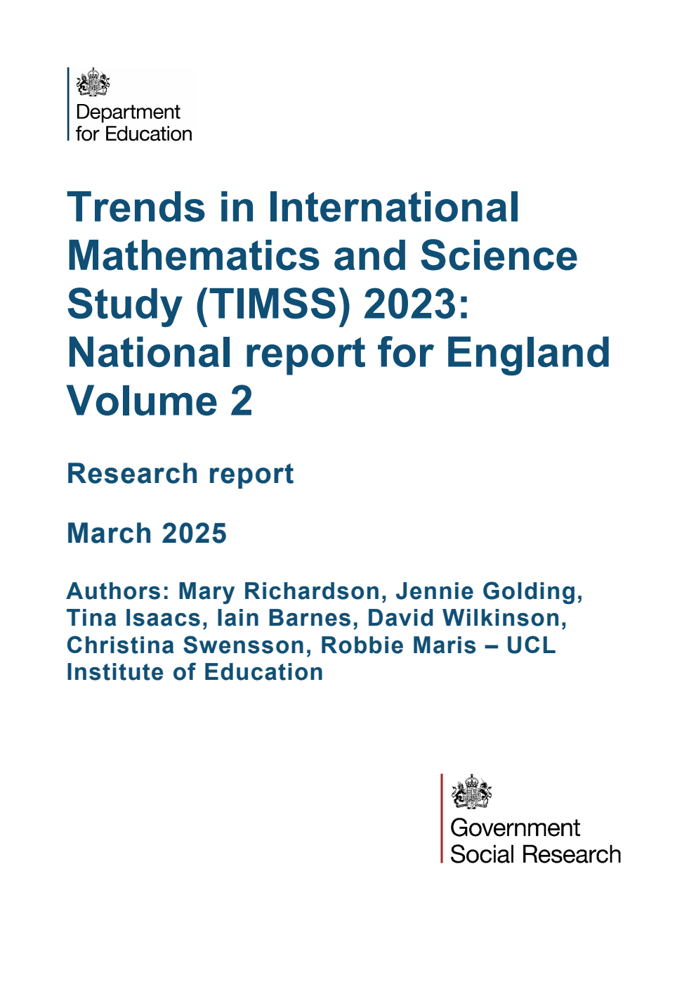 DFE-RR1495 Trends in International Mathematics and Science Study (TIMSS) 2023: National report for England Volume 2. Research report. March 2025