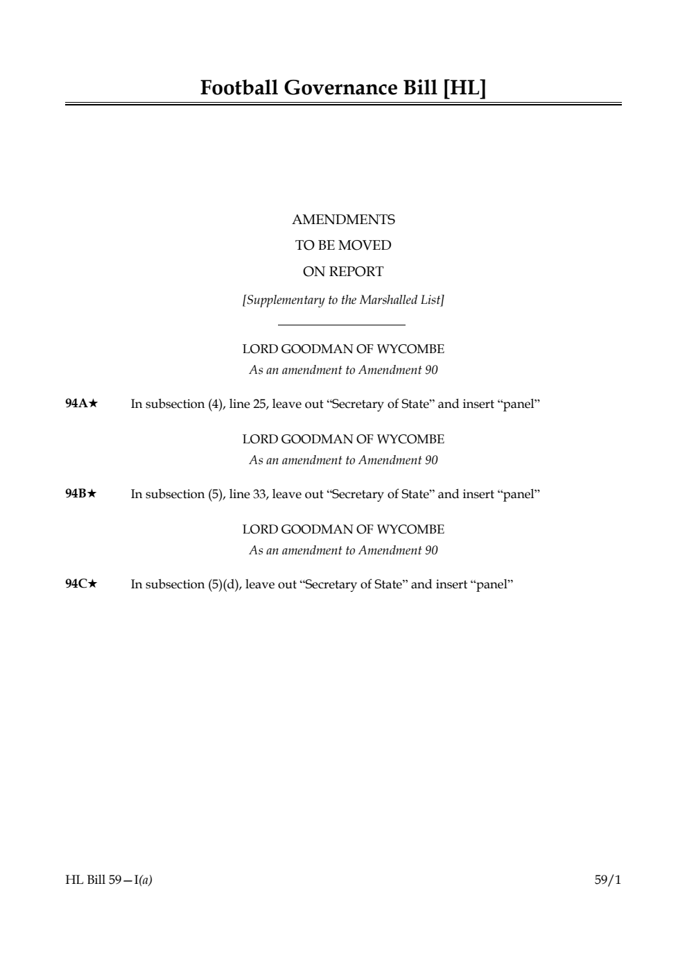 Football Governance Bill Amendments to be moved on report [Supplementary to the Marshalled List]