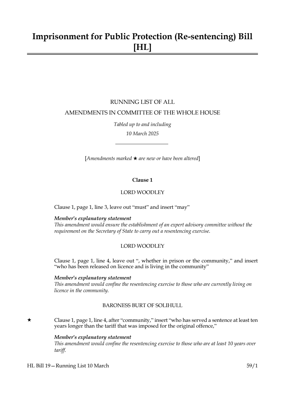 Imprisonment for Public Protection (Re-sentencing) Bill Running List of all amendments in Committee of the Whole House tabled up to and including 10 March 2025