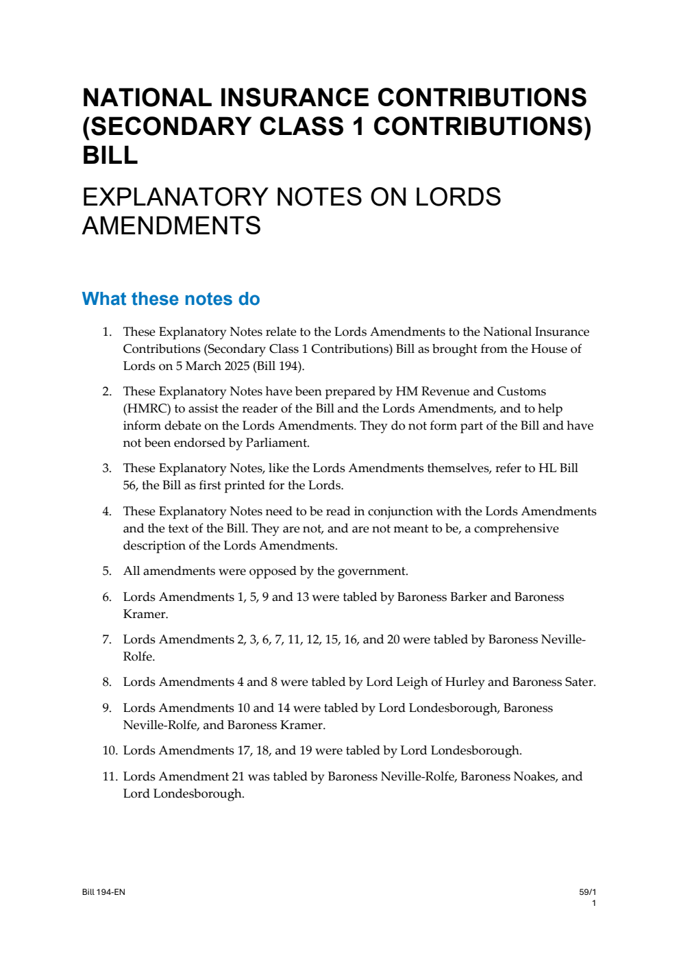 National Insurance Contributions (Secondary Class 1 Contributions) Bill Explanatory Notes on Lords Amendments