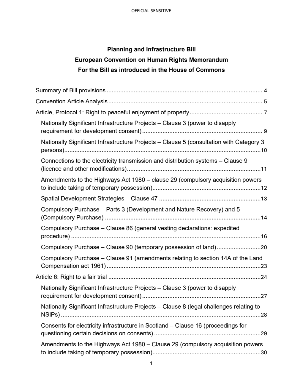 Planning and Infrastructure Bill - European Convention on Human Rights Memorandum