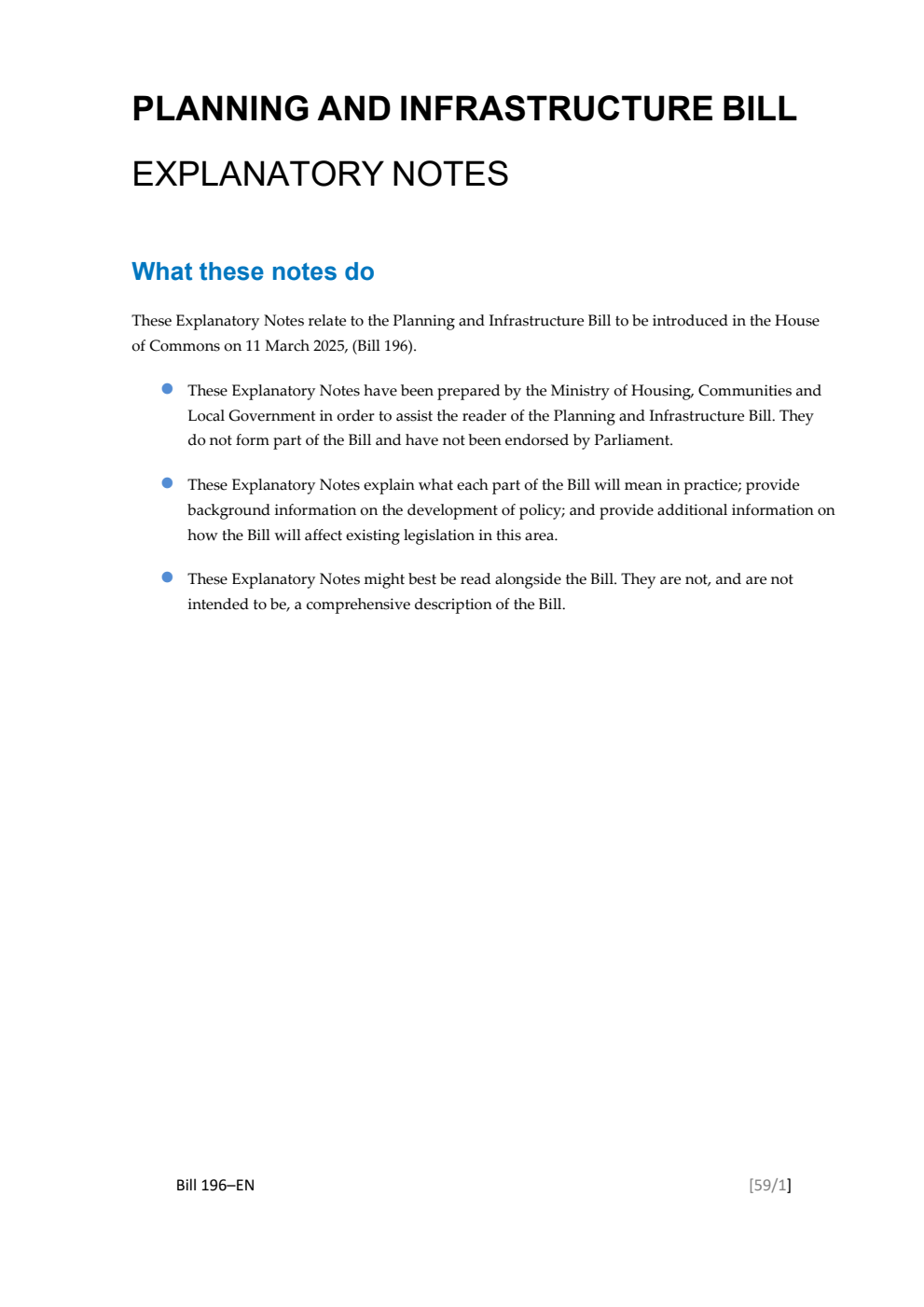 Planning and Infrastructure Bill Explanatory Notes
