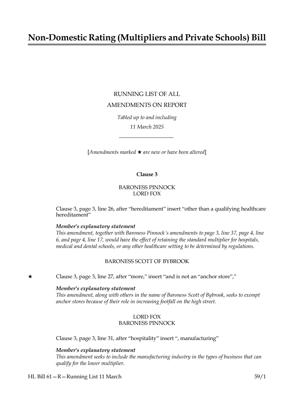 Non-domestic Rating (Multipliers and Private Schools) Bill Running List of all amendments on report tabled up to and including 11 March 2025