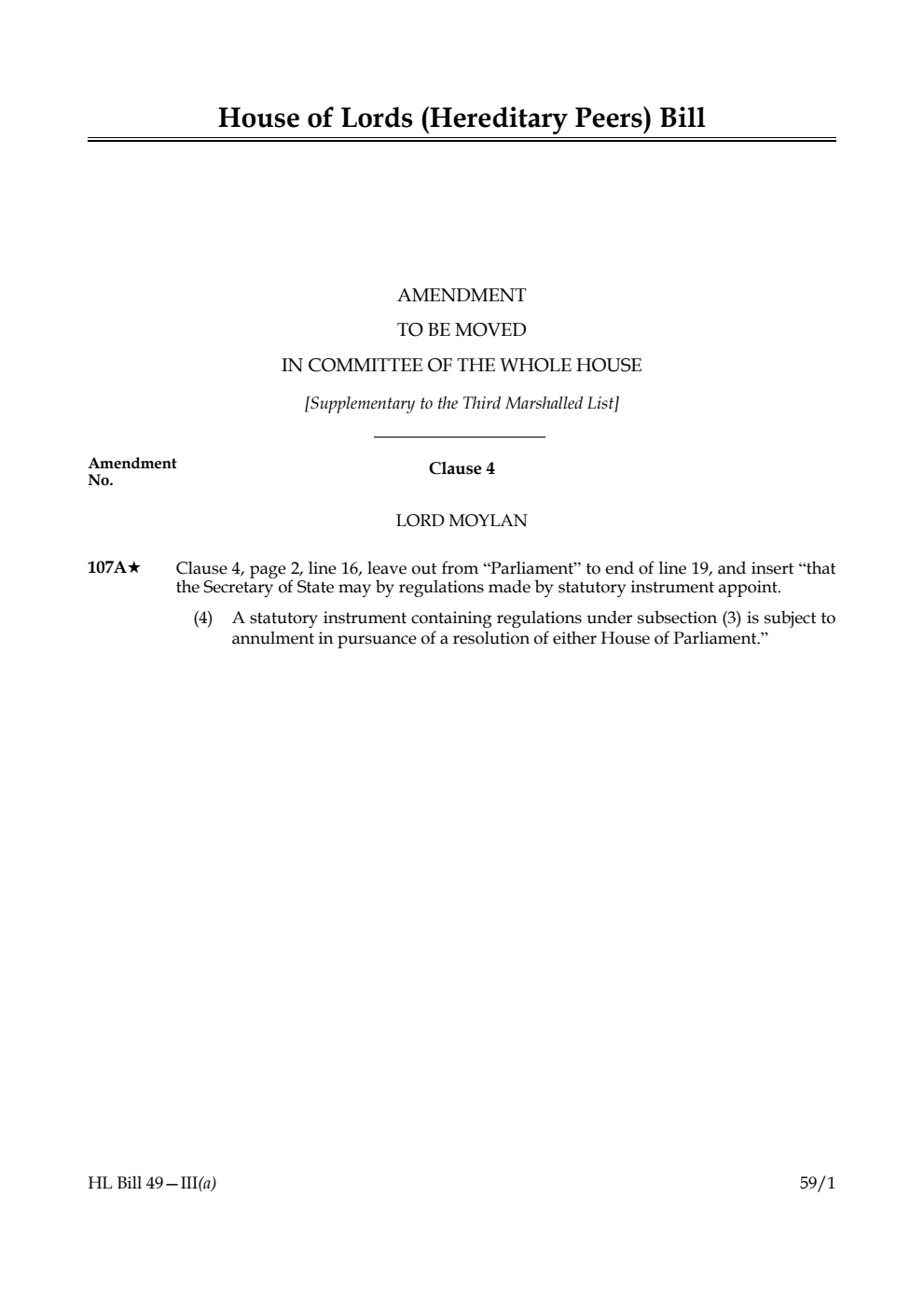 House of Lords (Hereditary Peers) Bill Amendment to be moved in Committee of the Whole House [Supplementary to the Third Marshalled List]