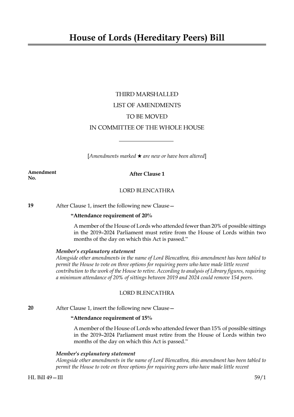 House of Lords (Hereditary Peers) Bill Third Marshalled List of amendments to be moved in Committee of the Whole House