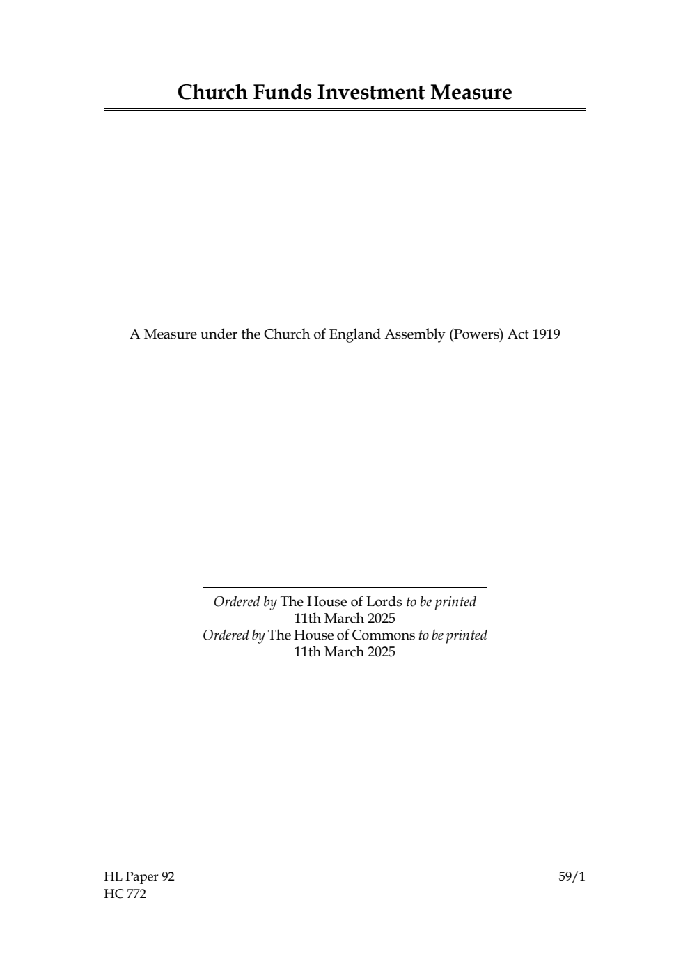 Ecclesiastical Committee. Church Funds Investment Measure