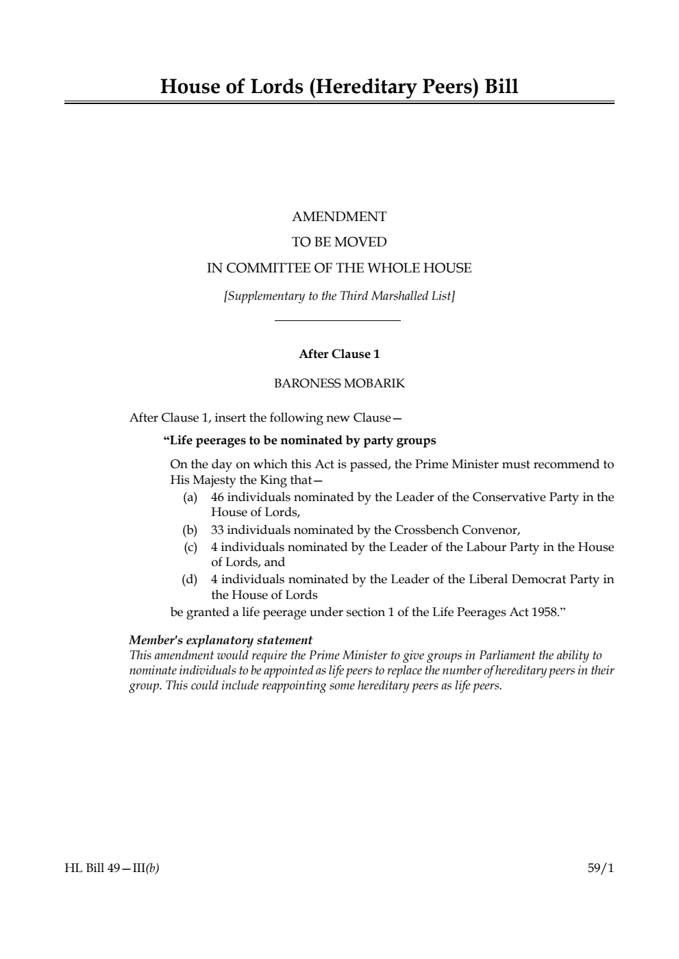 House of Lords (Hereditary Peers) Bill Amendment to be moved in Committee of the Whole House [Supplementary to the Third Marshalled List]