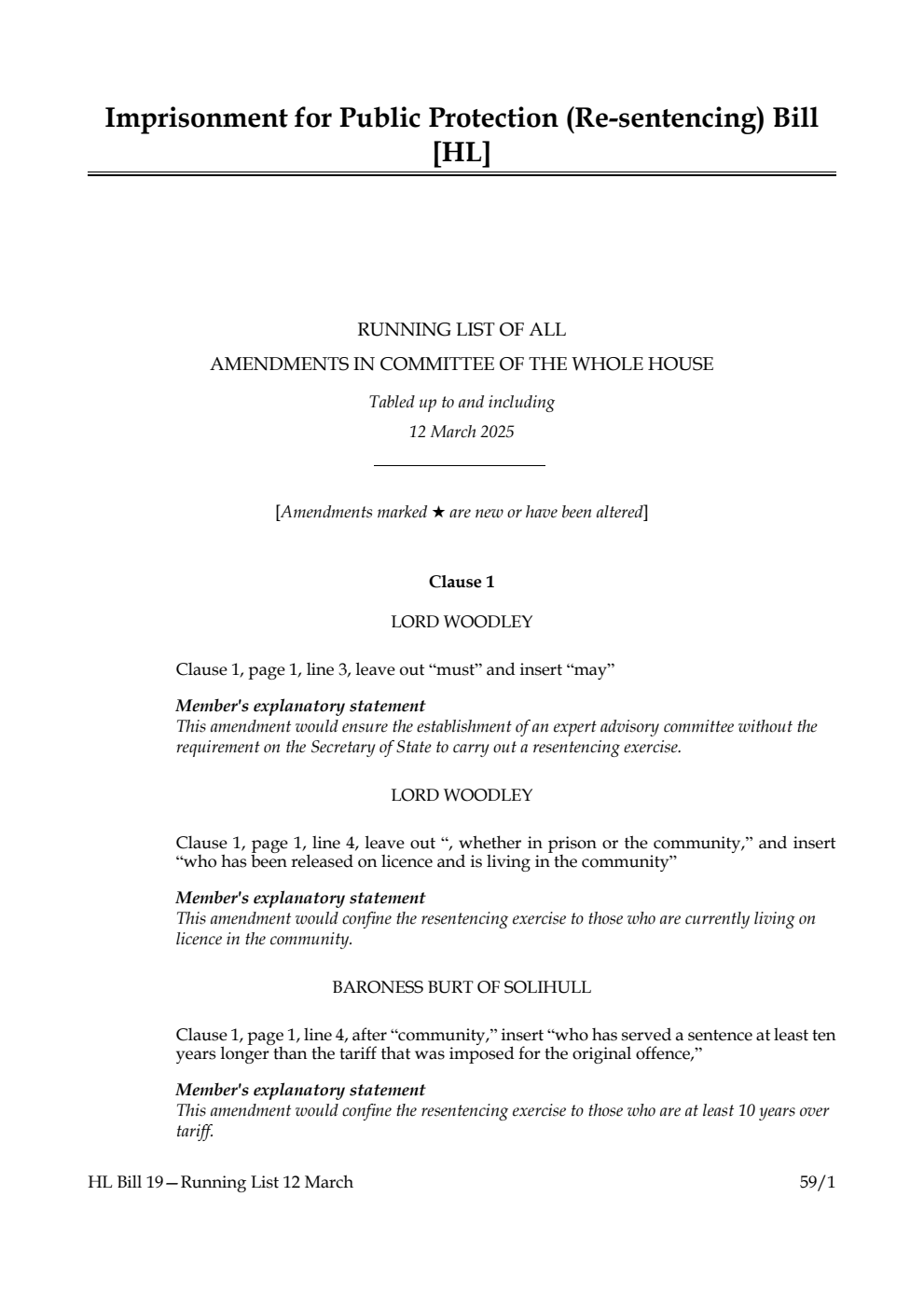 Imprisonment for Public Protection (Re-sentencing) Bill Running List of all amendments in Committee of the Whole House tabled up to and including 12 March 2025