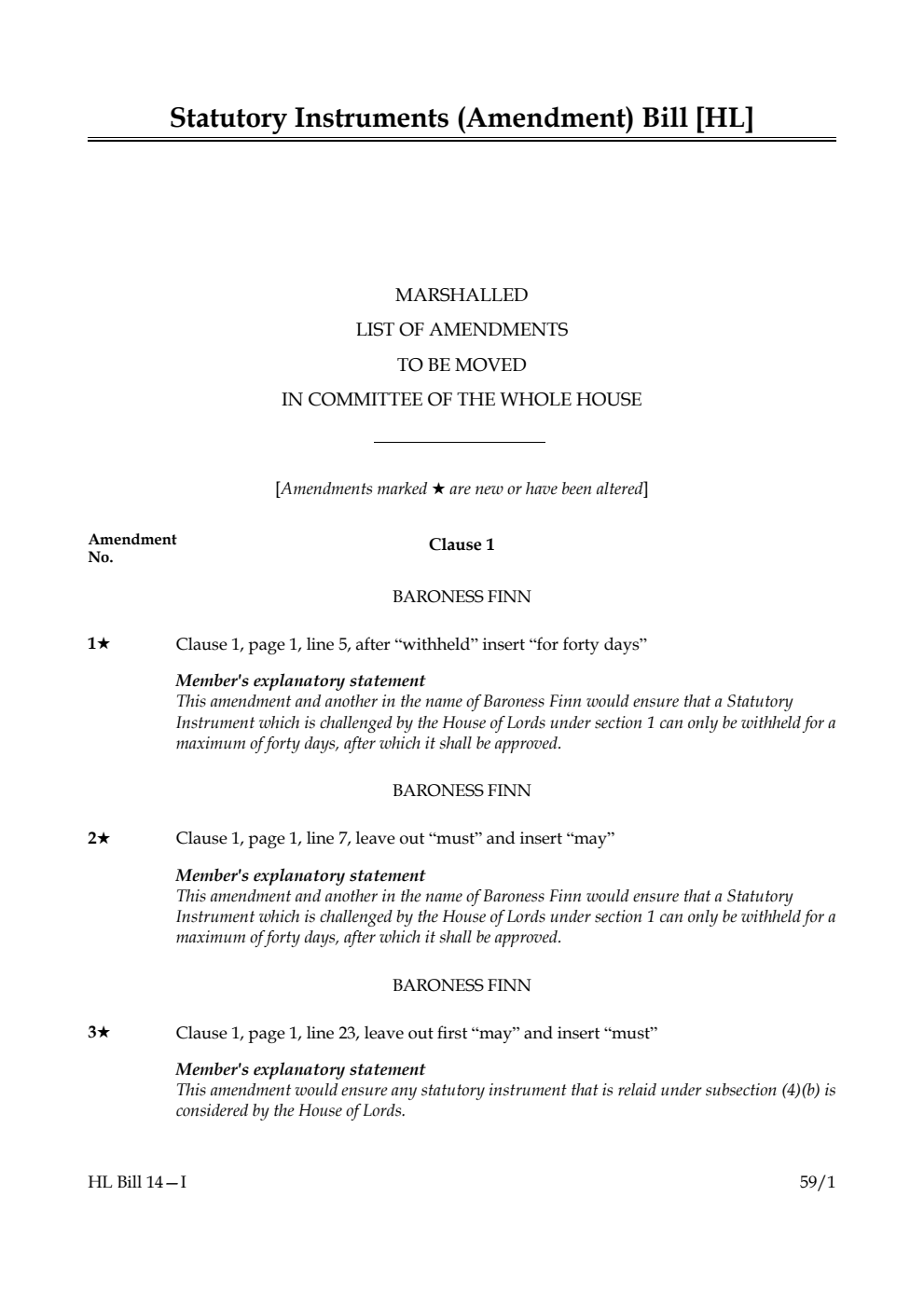 Statutory Instruments (Amendment) Bill Marshalled List of amendments to be moved in Committee of the Whole House