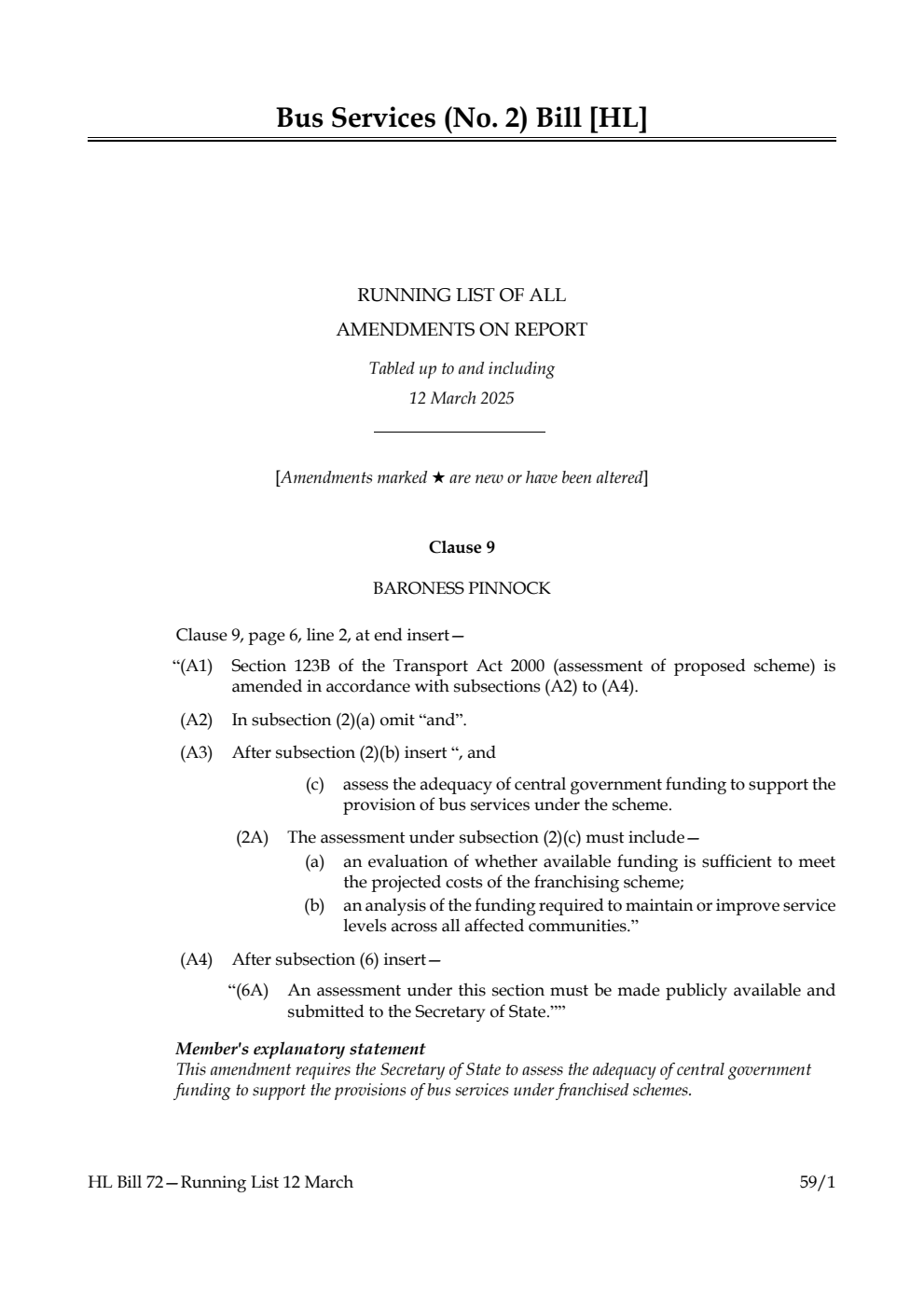 Bus Services (No. 2) Bill Running List of all amendments on report tabled up to and including 12 March 2025