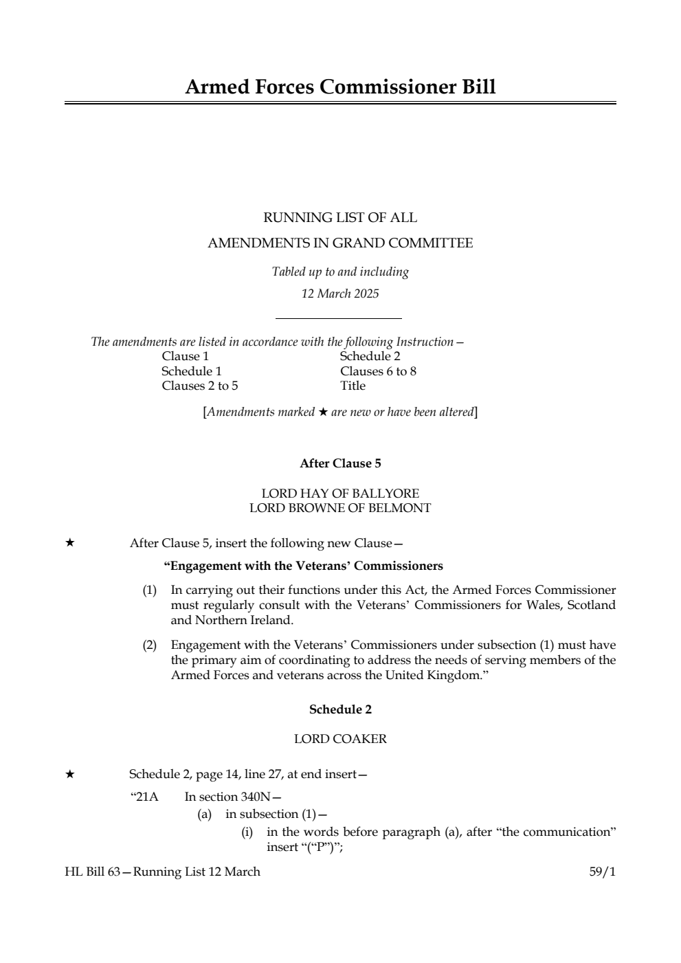 Armed Forces Commissioner Bill Running List of all amendments in Grand Committee tabled up to and including 12 March 2025