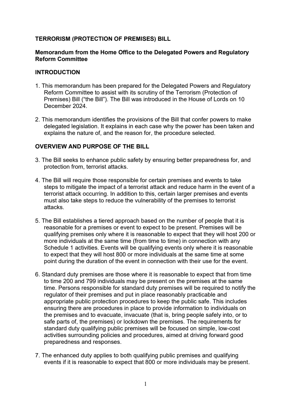 Terrorism (Protection of Premises) Bill - Memorandum from the Home Office to the Delegated Powers and Regulatory Reform Committee
