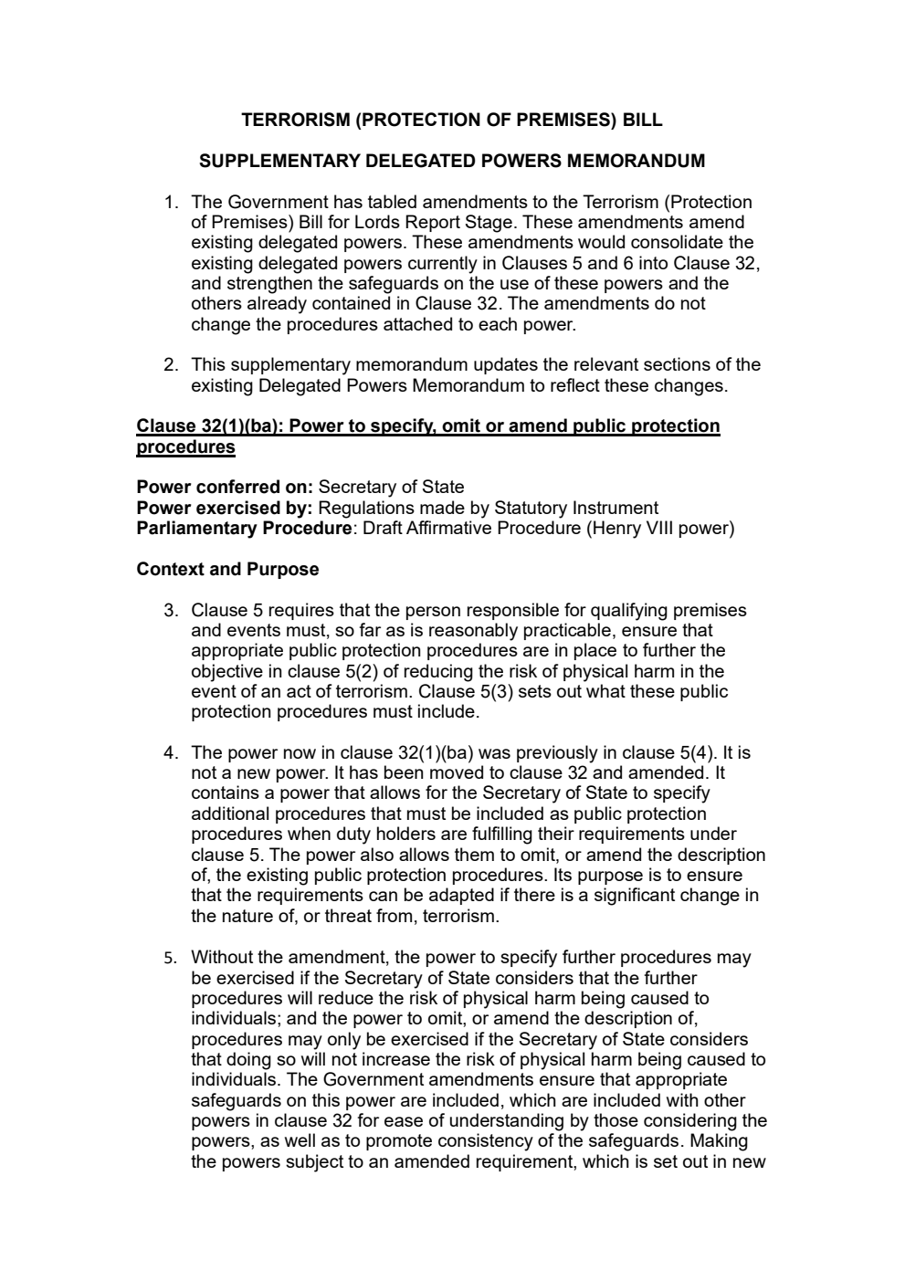 Terrorism (Protection of Premises) Bill. Supplementary Delegated Powers Memorandum