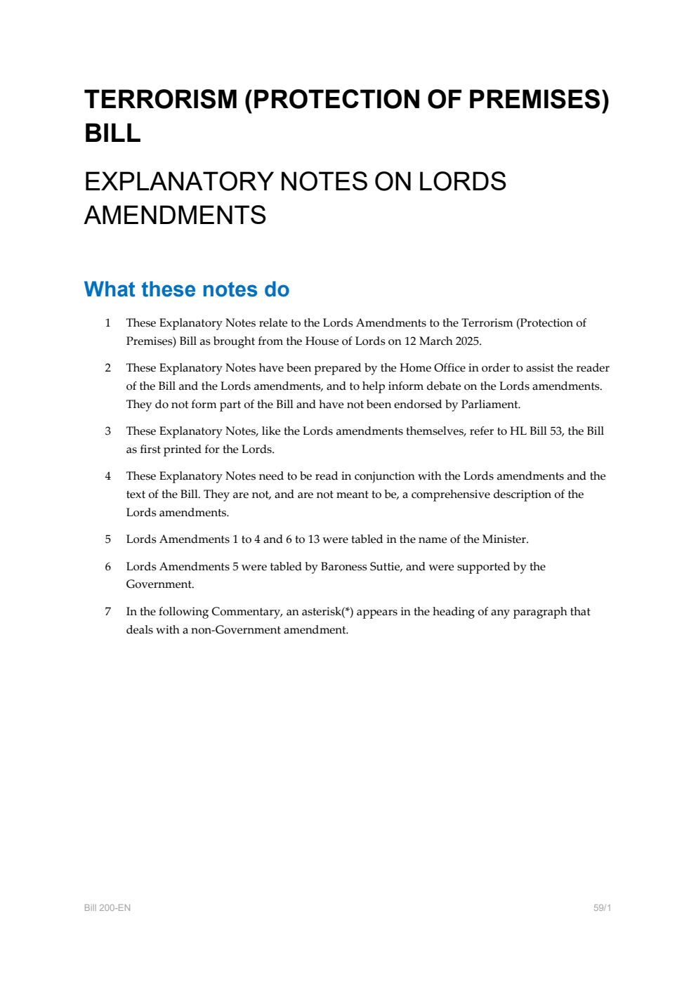 Terrorism (Protection of Premises) Bill Explanatory Notes on Lords Amendments