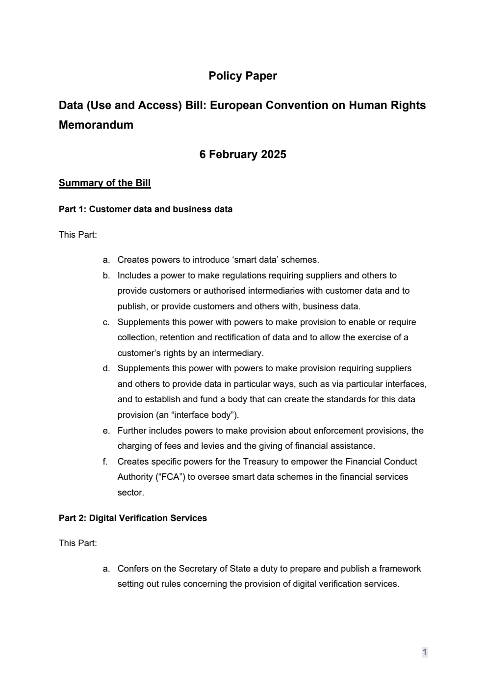Data (Use and Access) Bill. European Convention on Human Rights Memorandum