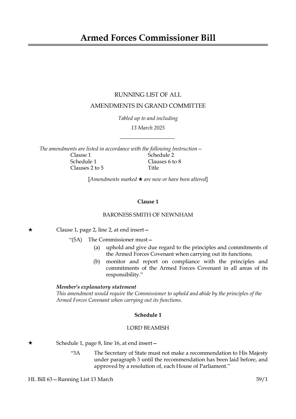 Armed Forces Commissioner Bill Running List of all amendments in Grand Committee tabled up to and including 13 March 2025