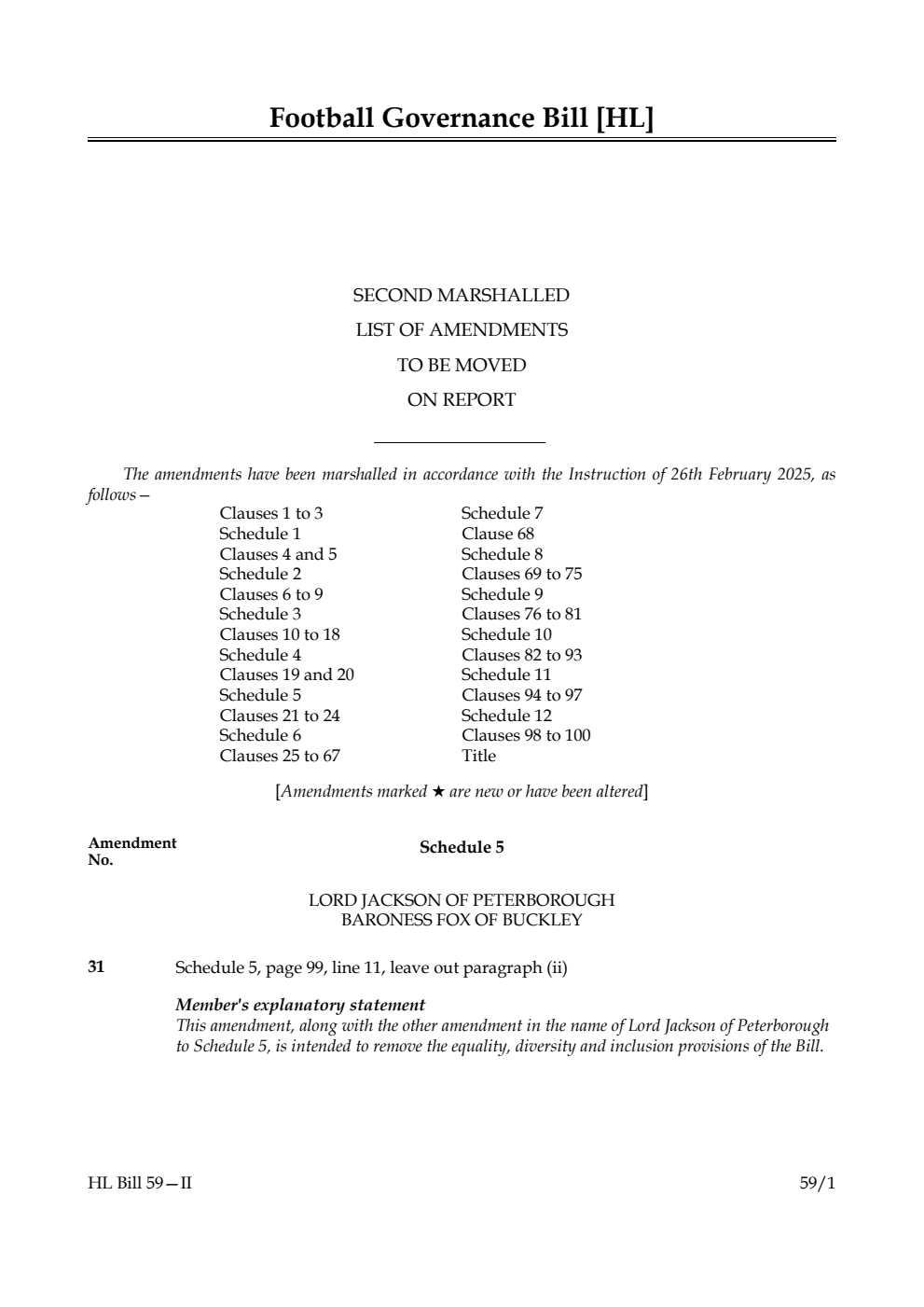 Football Governance Bill Second Marshalled List of amendments to be moved on report